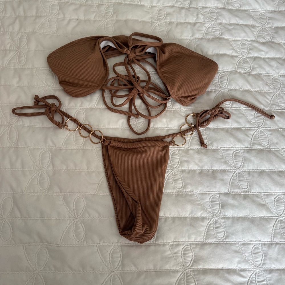 Ribbed Brown Circle Chain Bikini Top & Bottom Swimsuit